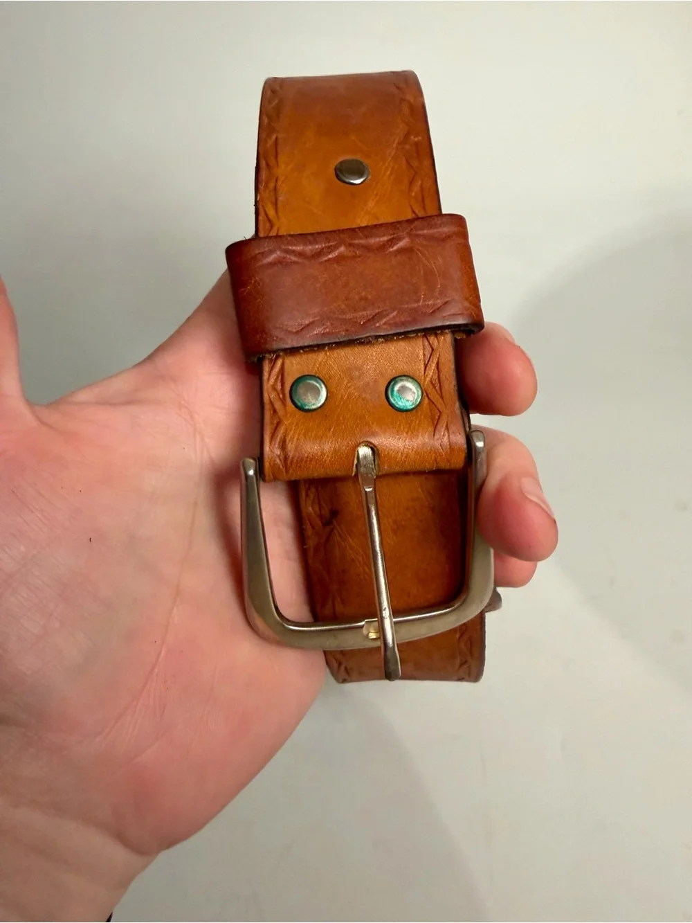 VTG Devonshire 34 1.5” Moccasin Elk Leather Belt Top Grain Silver Brass Buckle